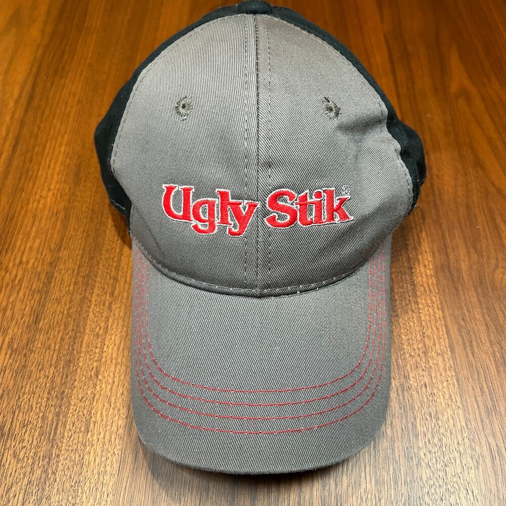 Ugly‎ Stik Fishing Hat Cap Gray Black Adjustable Strap One Size Red Stitching
